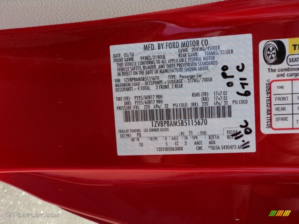 2011 Mustang Color Code PQ for Race Red Photo #56797212