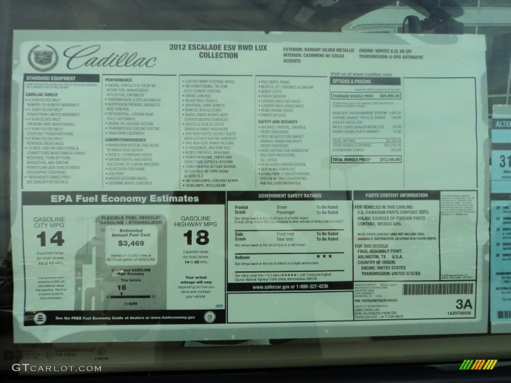 2012 Cadillac Escalade ESV Luxury Window Sticker Photo #56798466