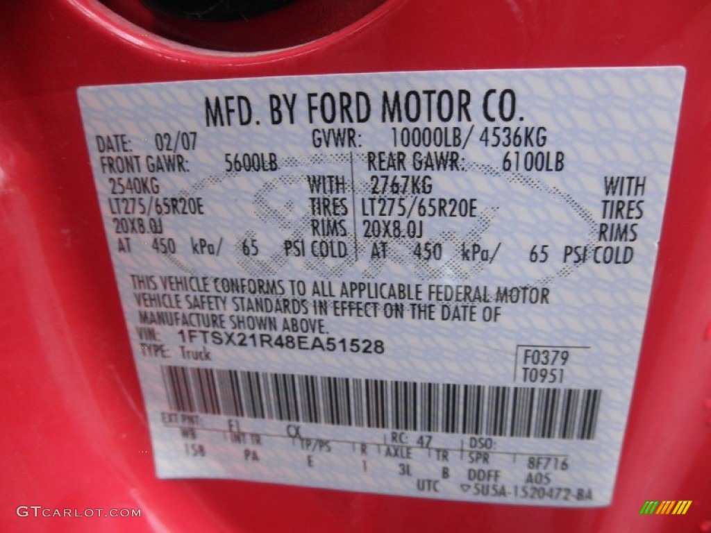 2008 F250 Super Duty Color Code F1 for Red Photo #56798714