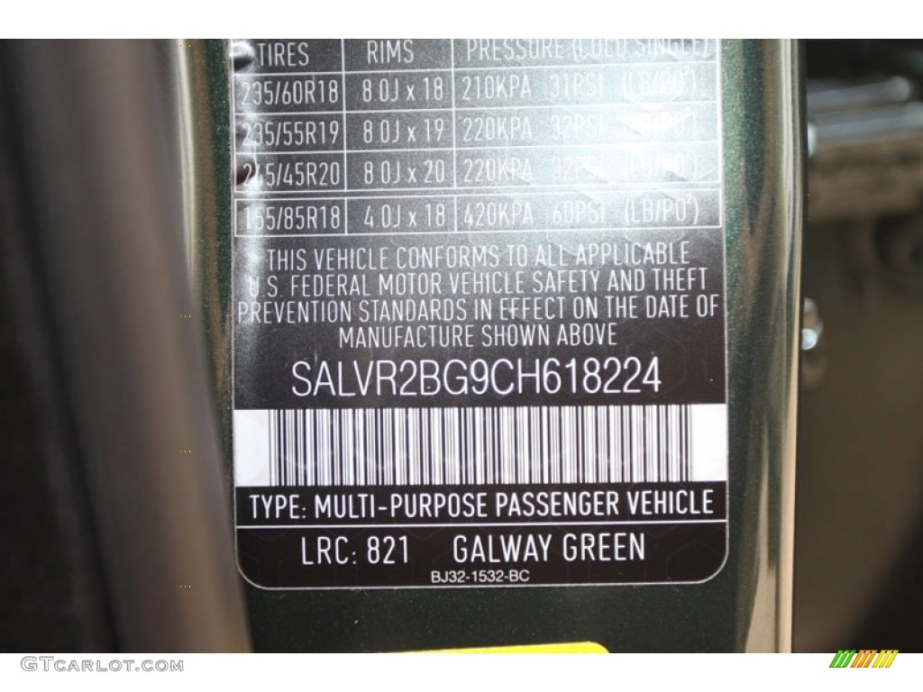 2012 Range Rover Evoque Color Code 821 for Galway Green Metallic Photo #56807913
