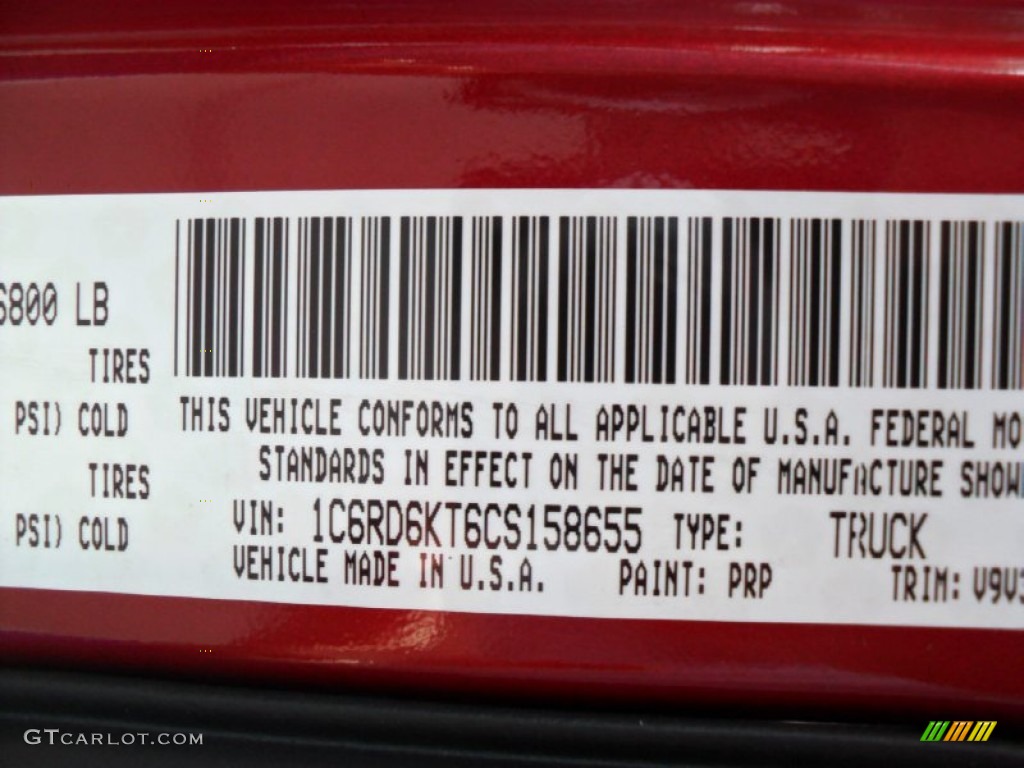2012 Ram 1500 Color Code PRP for Deep Cherry Red Crystal Pearl Photo #56821204