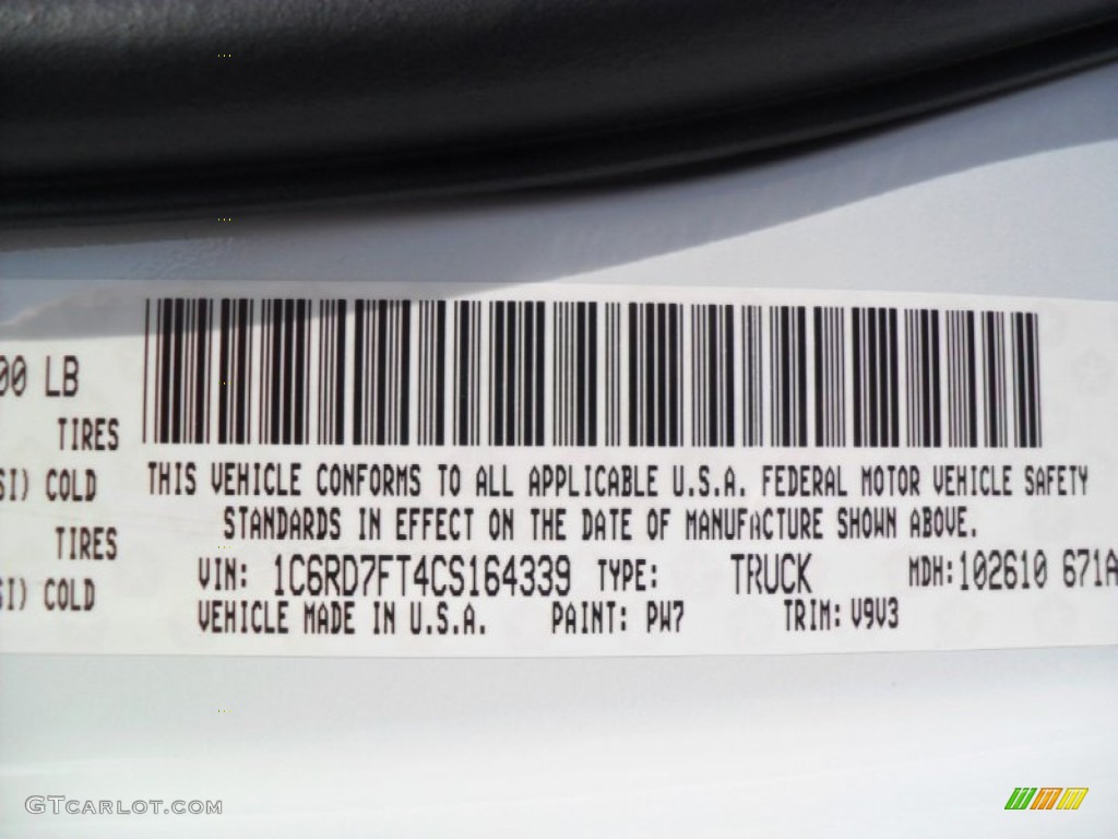 2012 Ram 1500 Color Code PW7 for Bright White Photo #56821498