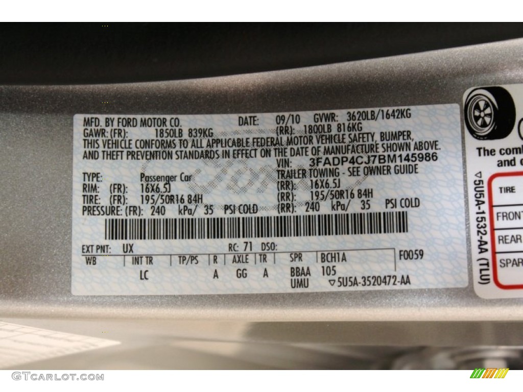 2011 Fiesta Color Code UX for Ingot Silver Metallic Photo #56823337