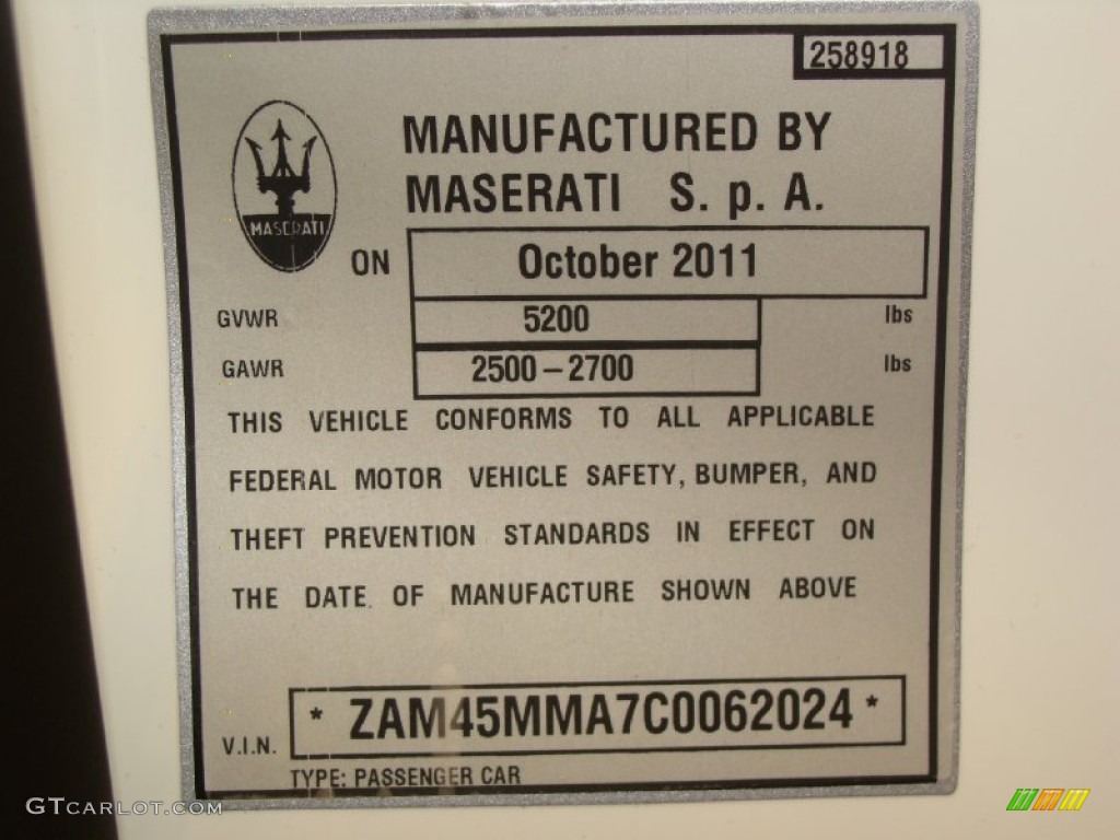 2012 Maserati GranTurismo Convertible GranCabrio Sport Info Tag Photo #56848793