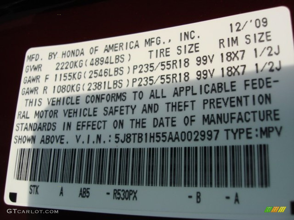 2010 Acura RDX SH-AWD Technology Color Code Photos