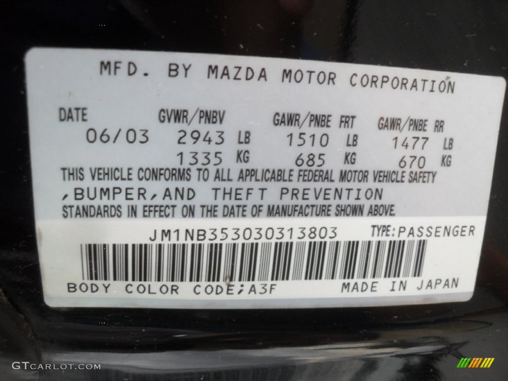 2003 MX-5 Miata Color Code A3F for Brilliant Black Photo #56859527
