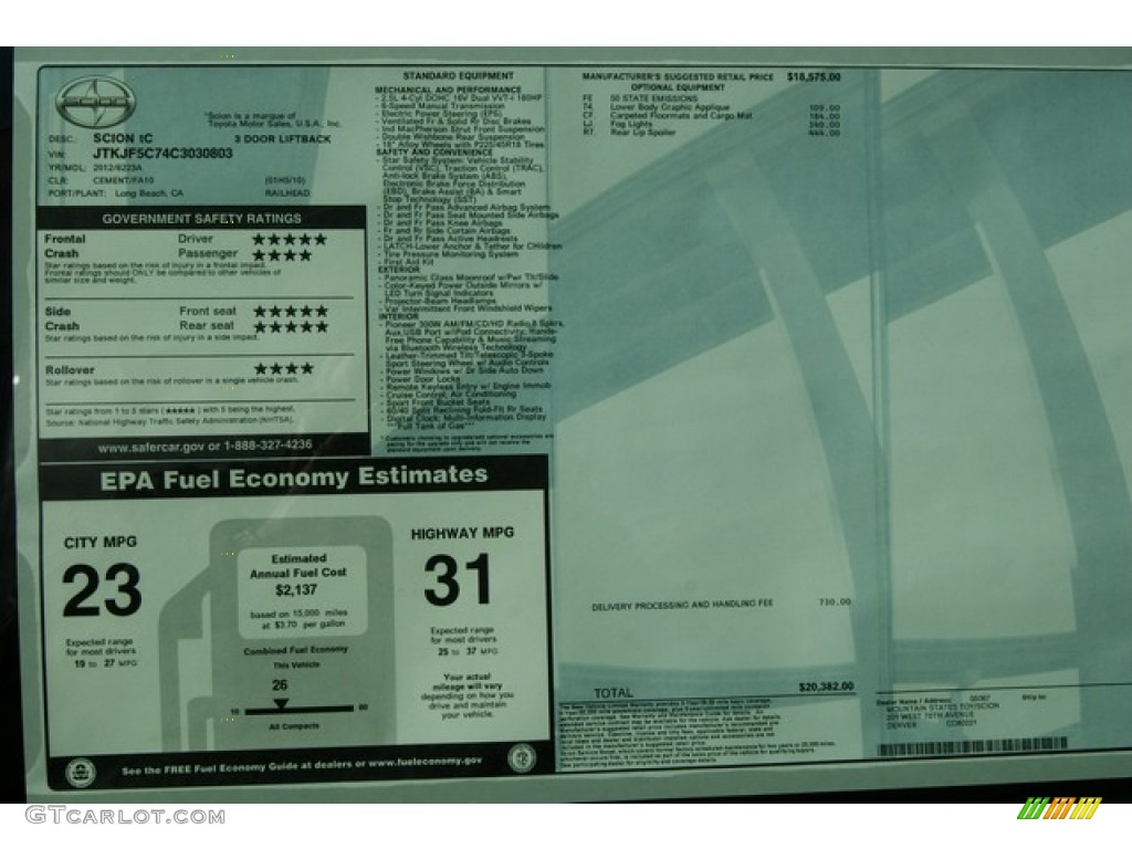 2012 Scion tC Standard tC Model Window Sticker Photo #56860949
