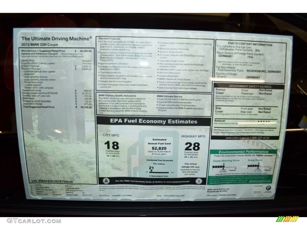2012 BMW 3 Series 328i Coupe Window Sticker Photo #56862374