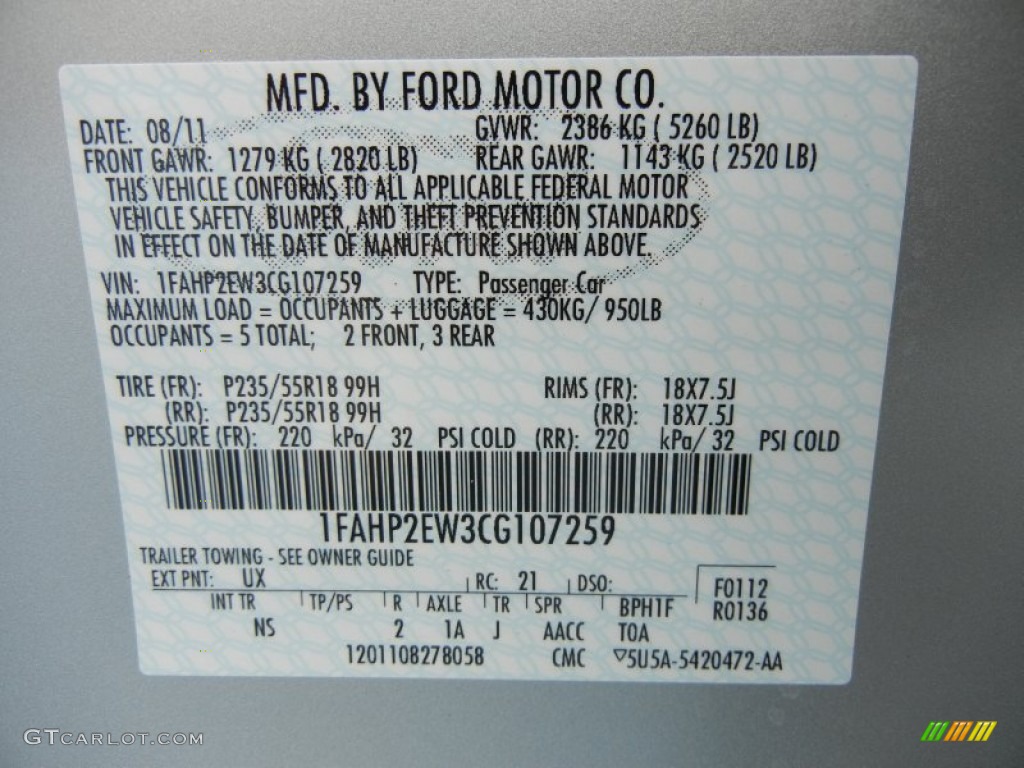 2012 Taurus Color Code UX for Ingot Silver Photo #56887441