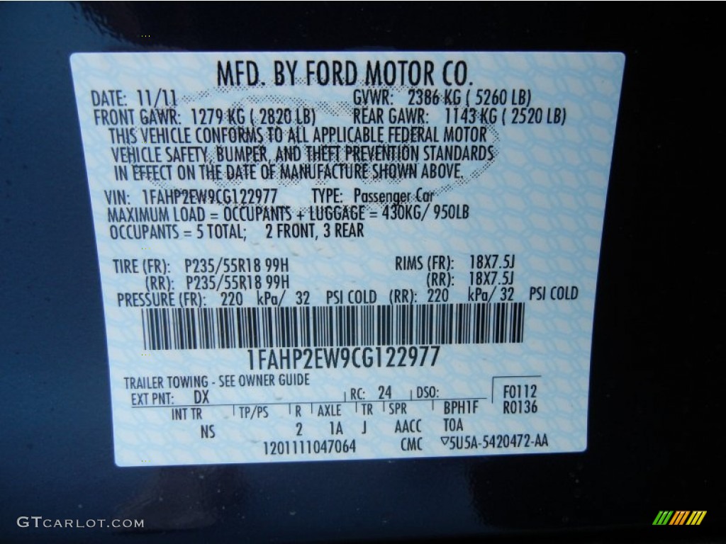 2012 Taurus Color Code DX for Dark Blue Pearl Photo #56887543