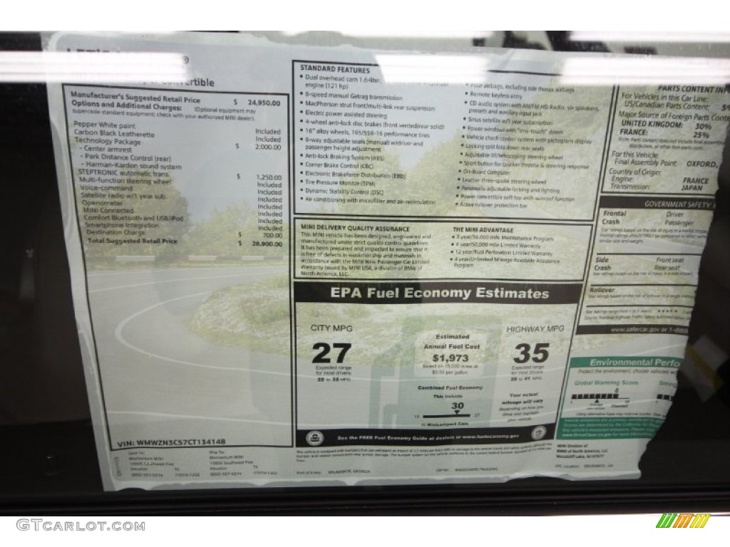 2012 Mini Cooper Convertible Window Sticker Photo #56893225