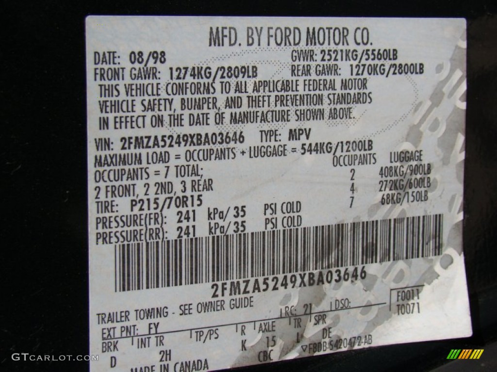 1999 Ford Windstar SE Color Code Photos