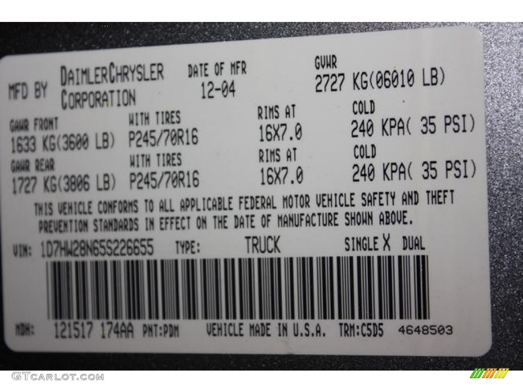 2005 Dakota Color Code PDM for Mineral Gray Metallic Photo #56917902