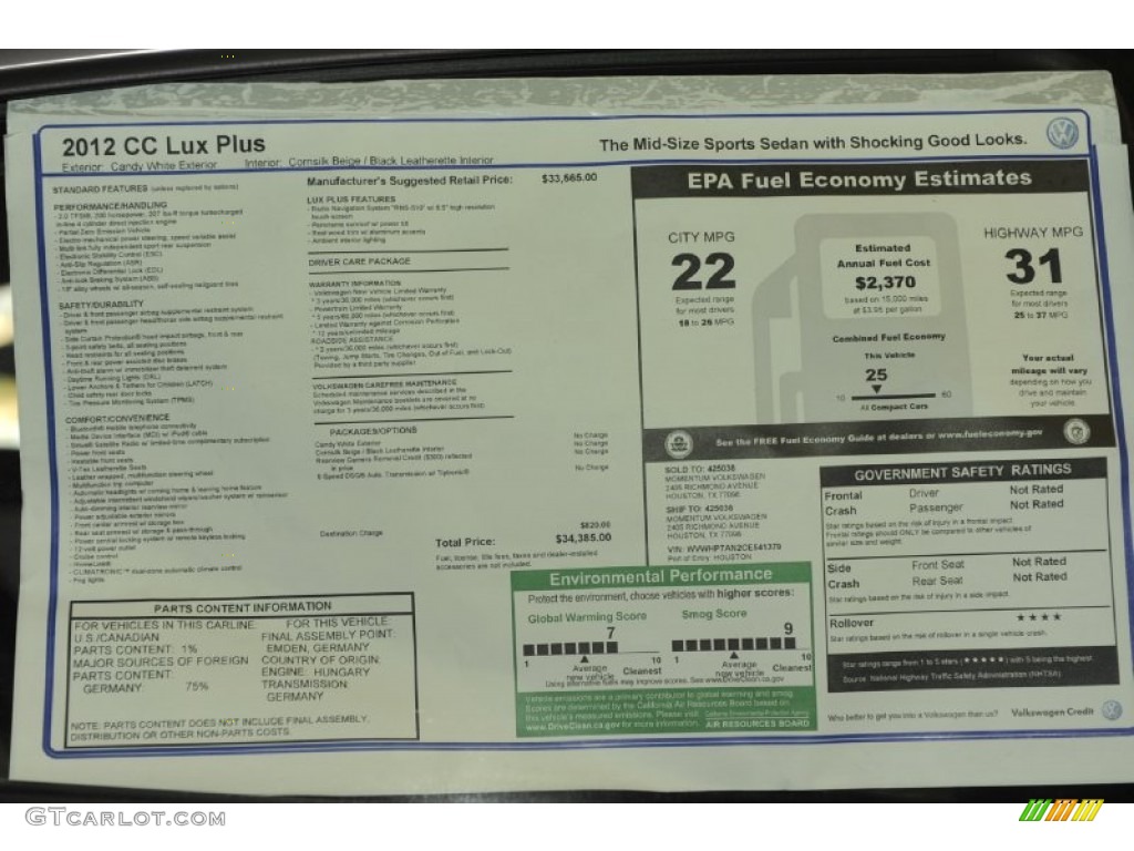 2012 Volkswagen CC Lux Plus Window Sticker Photo #56929531