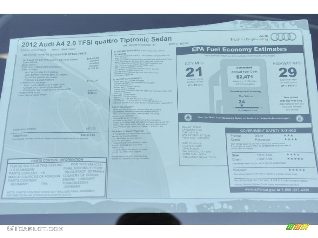 2012 Audi A4 2.0T quattro Sedan Window Sticker Photo #56932381