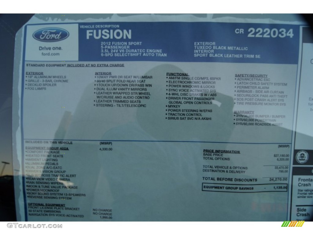 2012 Ford Fusion Sport Window Sticker Photo #56936015