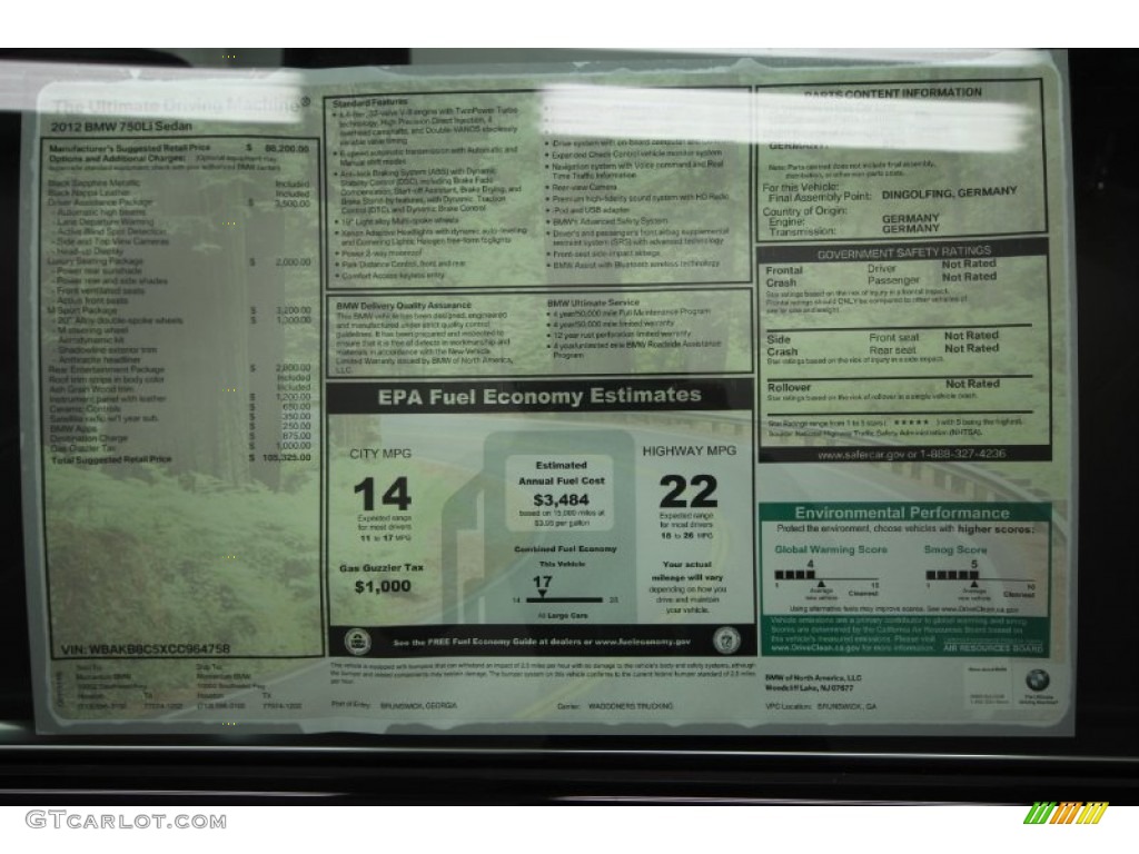 2012 BMW 7 Series 750Li Sedan Window Sticker Photo #56949806