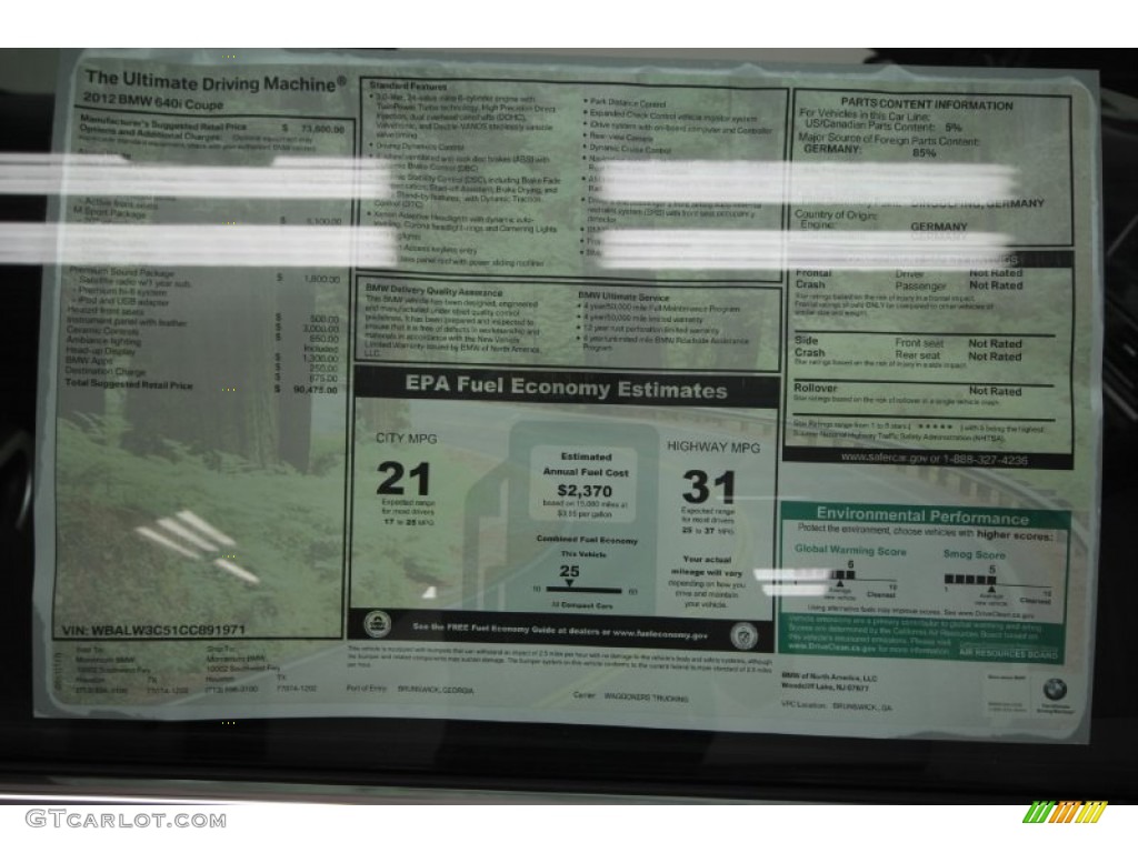 2012 BMW 6 Series 640i Coupe Window Sticker Photo #56950031