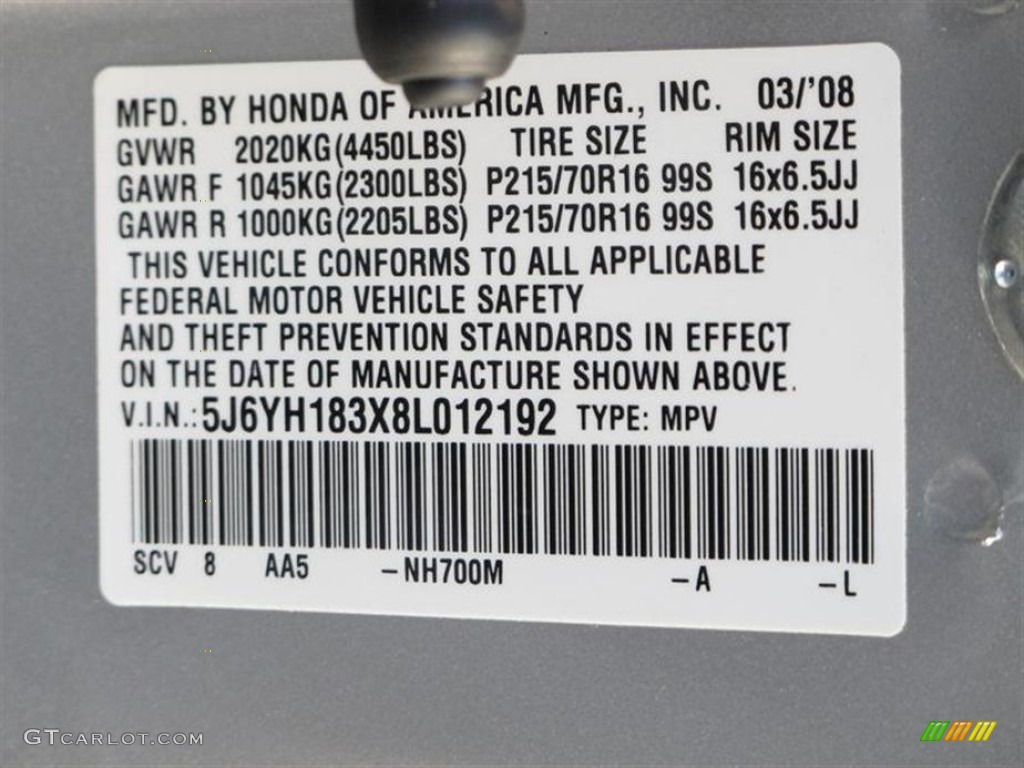 2008 Element Color Code NH700M for Alabaster Silver Metallic Photo #56953309