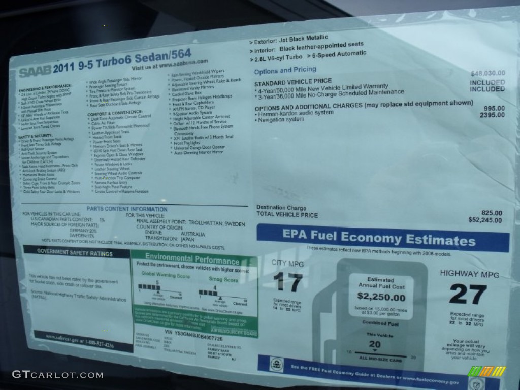 2011 Saab 9-5 Turbo6 XWD Sedan Window Sticker Photo #56982555