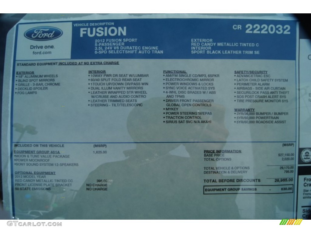 2012 Ford Fusion Sport Window Sticker Photo #56991770