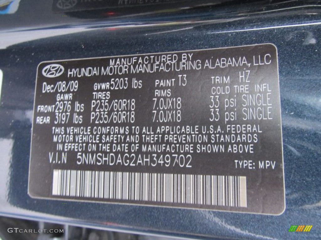 2010 Santa Fe Color Code T3 for Pacific Blue Pearl Photo #57002630