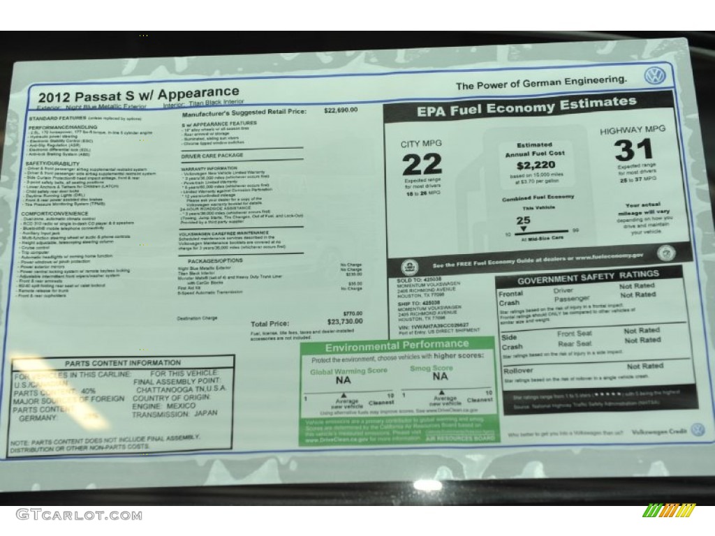 2012 Volkswagen Passat 2.5L S Window Sticker Photo #57006866