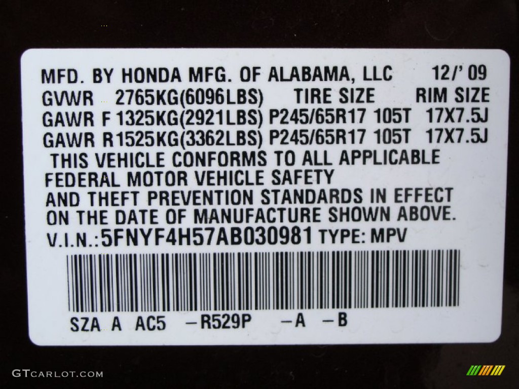 2010 Pilot Color Code R529P for Dark Cherry Pearl Photo #57009752