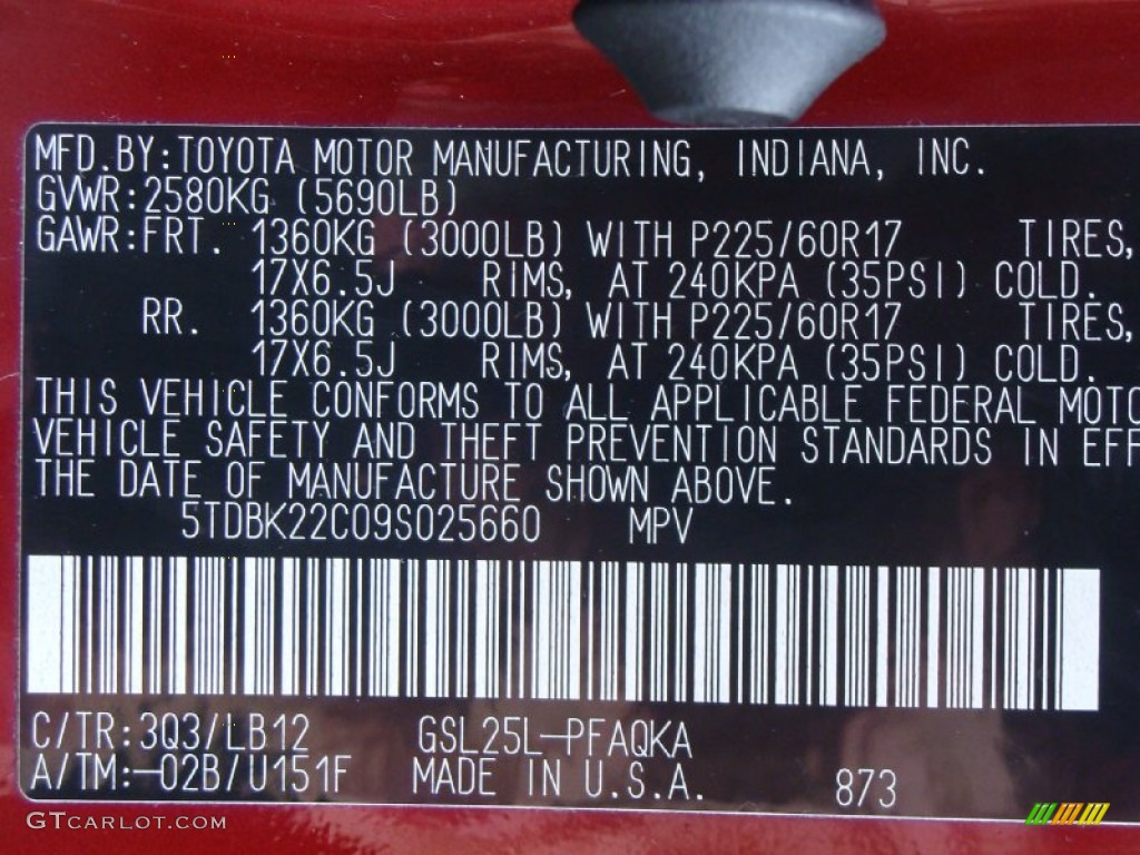 2009 Sienna Color Code 3Q3 for Salsa Red Pearl Photo #57015260
