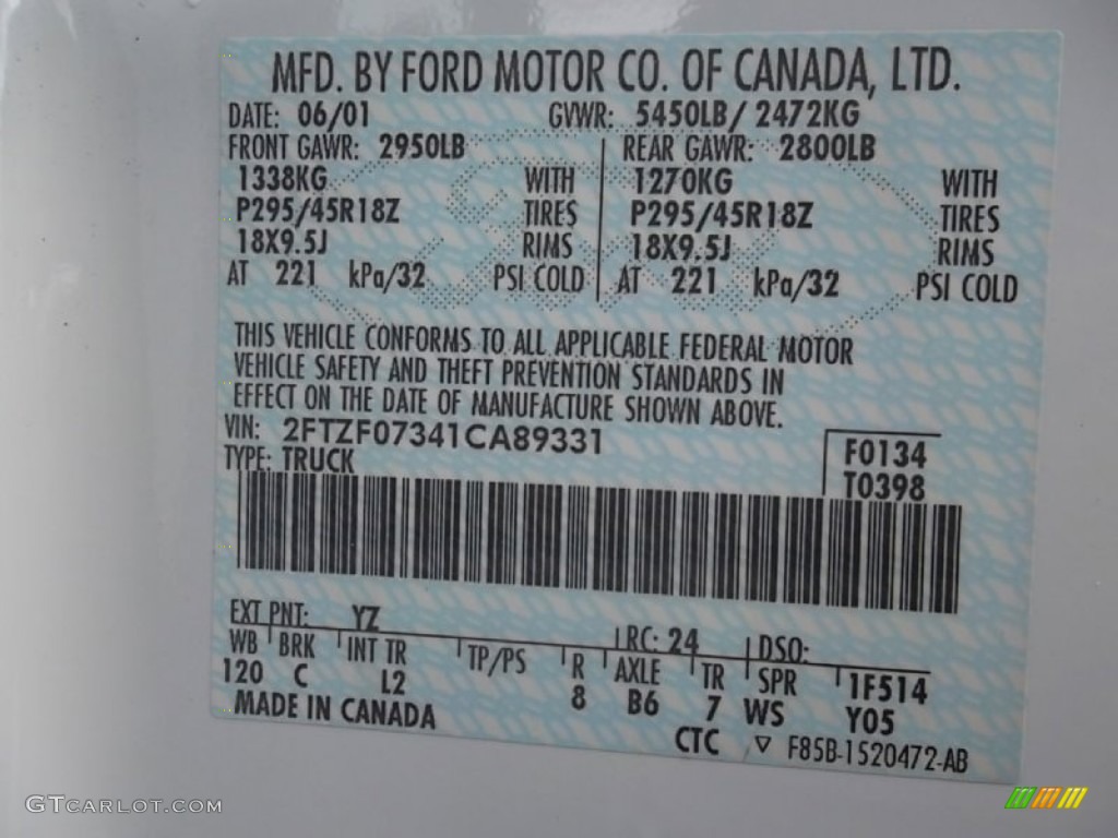 2001 F150 Color Code YZ for Oxford White Photo #57016895