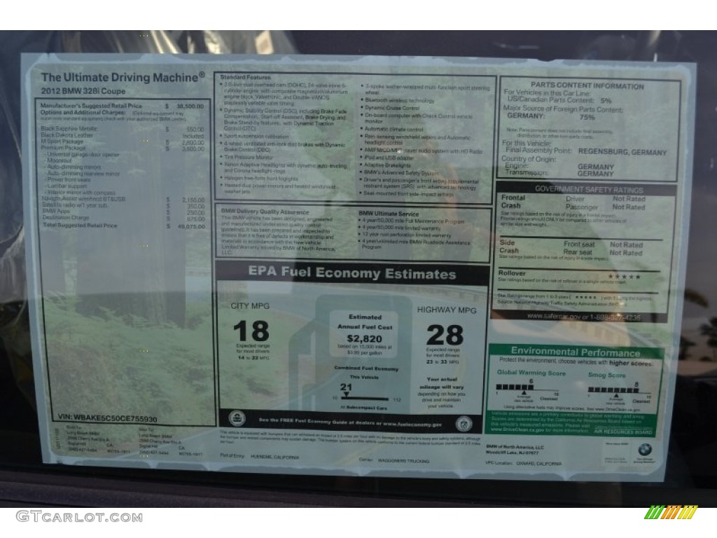 2012 BMW 3 Series 328i Coupe Window Sticker Photo #57020408