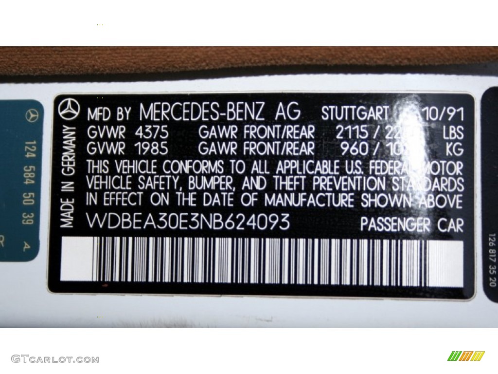 1992 Mercedes-Benz E Class 300 E Sedan Info Tag Photo #57032750