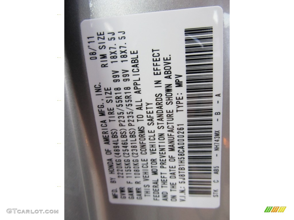 2012 RDX Color Code NH743 for Palladium Metallic Photo #57052701