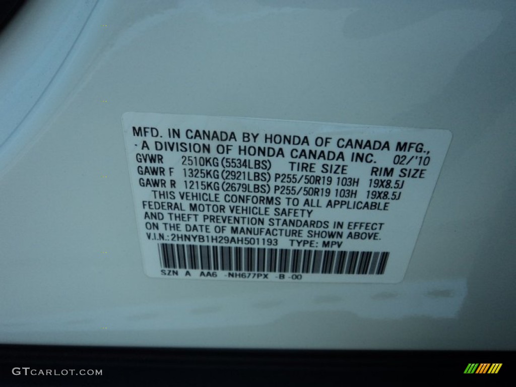 2010 ZDX Color Code NH677 for Aspen White Pearl Photo #57055364