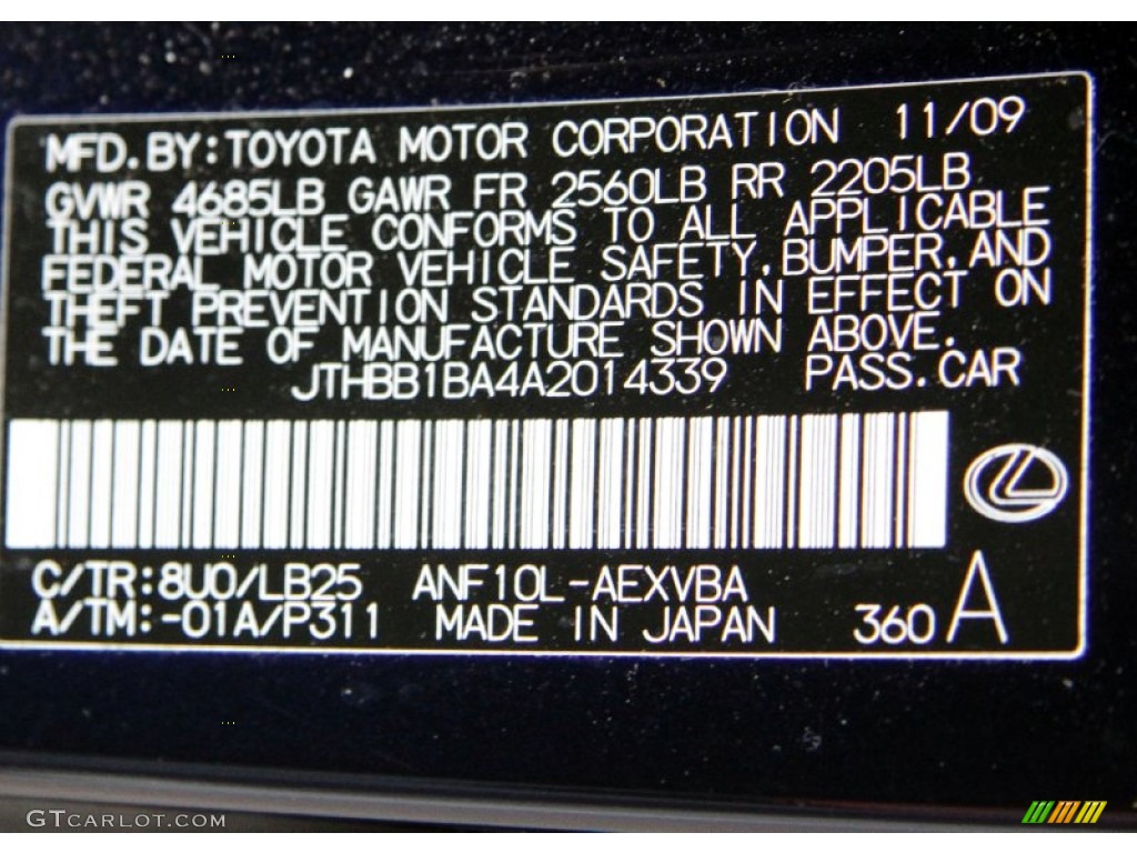 2010 HS Color Code 8U0 for Black Sapphire Pearl Photo #57062138