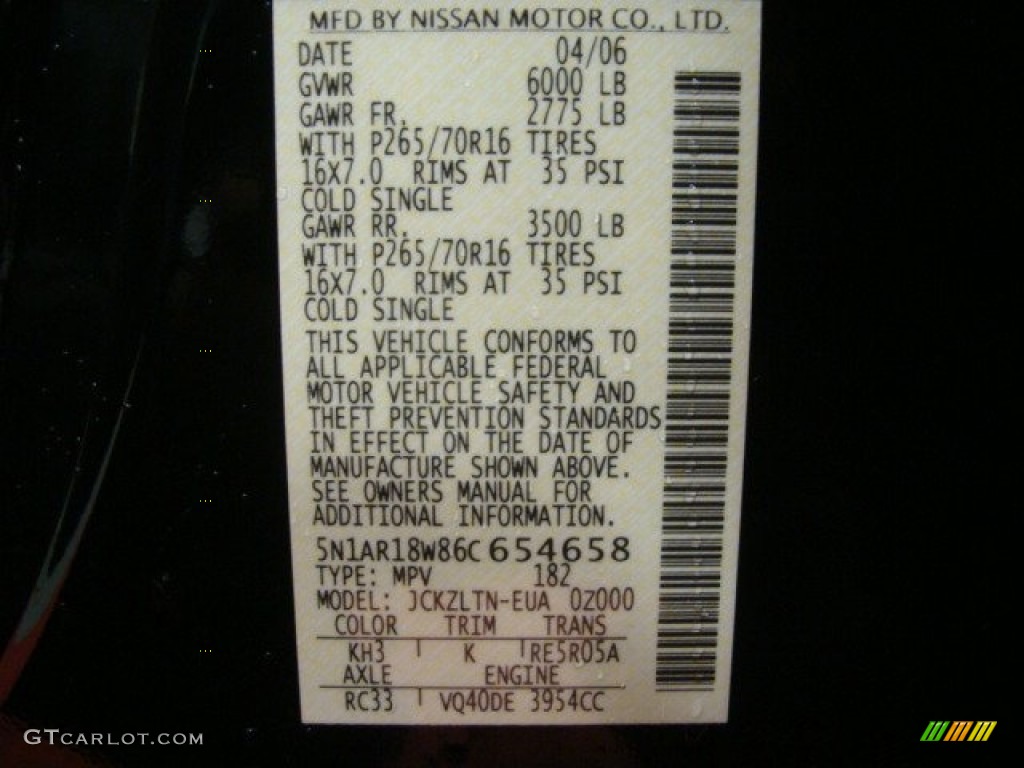 2006 Nissan Pathfinder SE 4x4 Color Code Photos