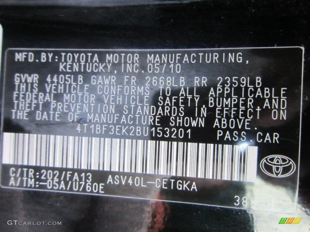 2011 Camry Color Code 202 for Black Photo #57073385