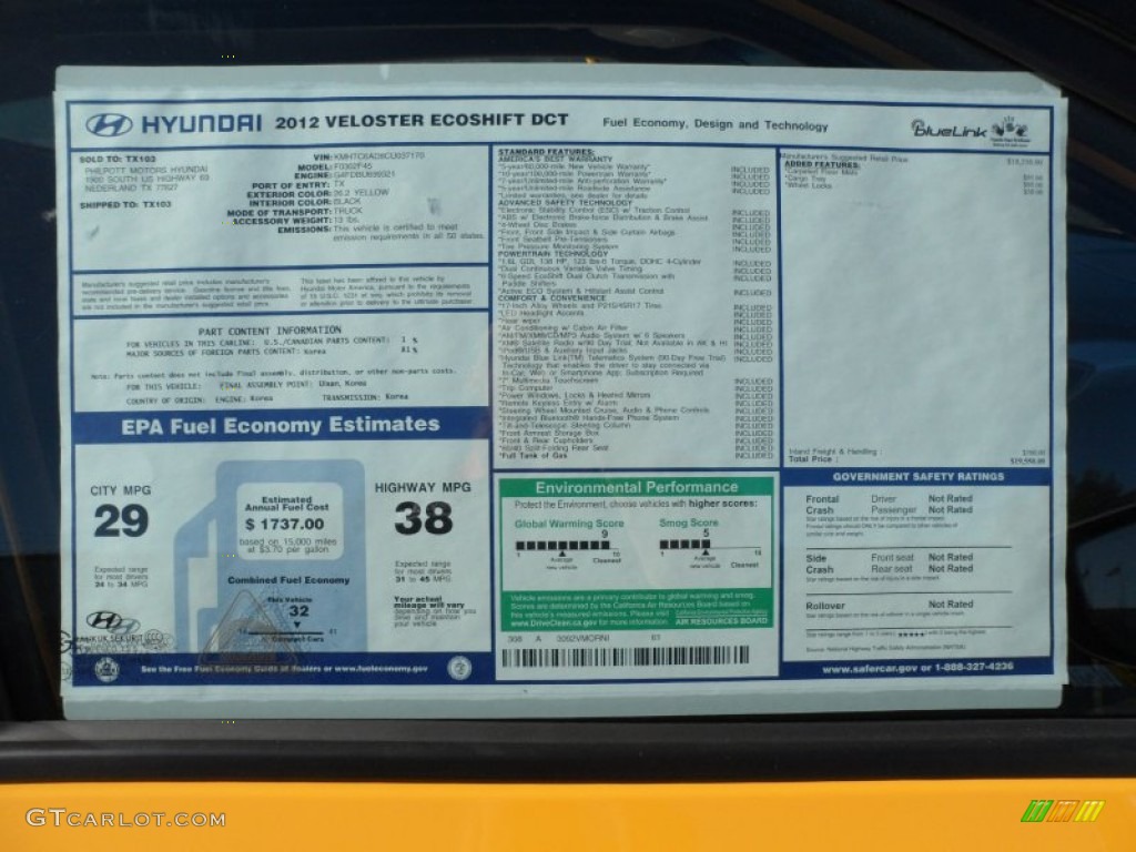 2012 Hyundai Veloster Standard Veloster Model Window Sticker Photo #57074297