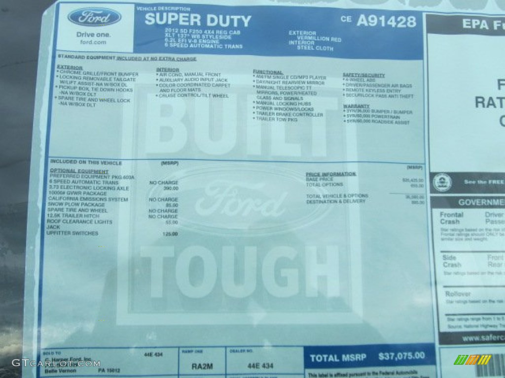 2012 Ford F250 Super Duty XLT Regular Cab 4x4 Window Sticker Photo #57077676