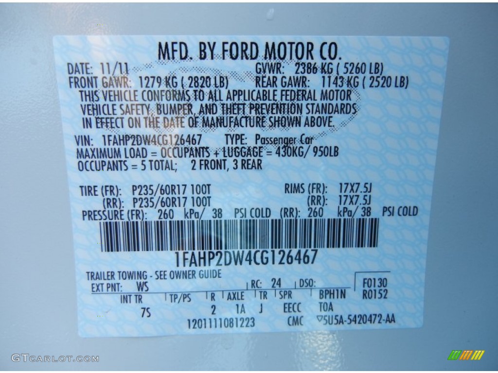 2012 Taurus Color Code WS for White Suede Photo #57092549