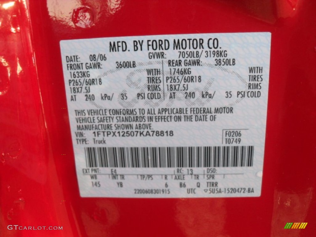 2007 F150 Color Code E4 for Bright Red Photo #57097555