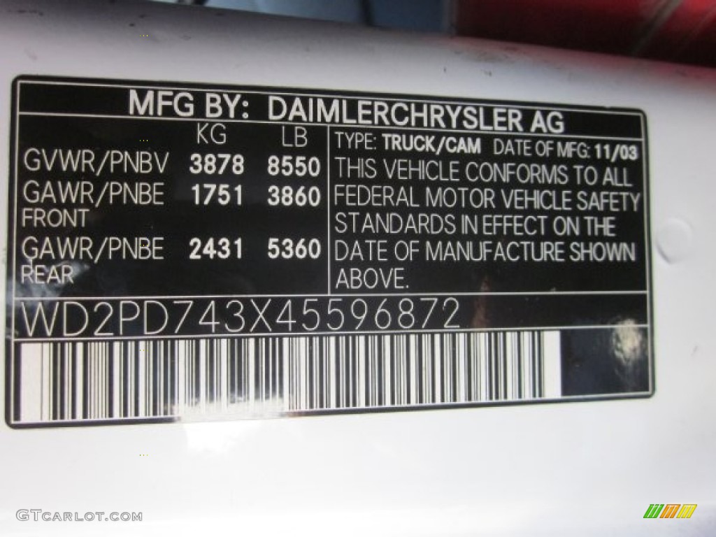 2004 Dodge Sprinter Van 2500 High Roof Commercial Info Tag Photo #57110480