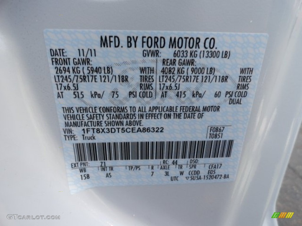 2012 Ford F350 Super Duty XL SuperCab 4x4 Dually Color Code Photos