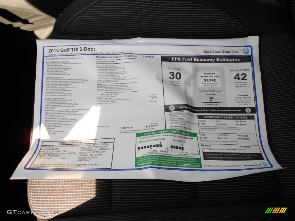 2012 Volkswagen Golf 2 Door TDI Window Sticker Photo #57152014