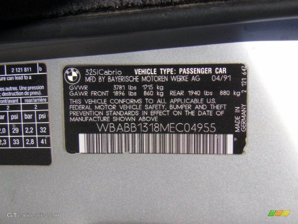 1991 BMW 3 Series 325i M Technic Convertible Info Tag Photo #57152325