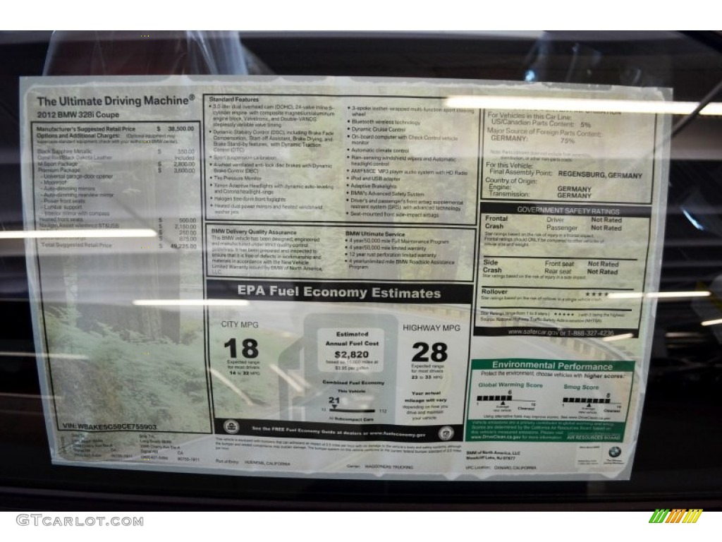 2012 BMW 3 Series 328i Coupe Window Sticker Photo #57161905