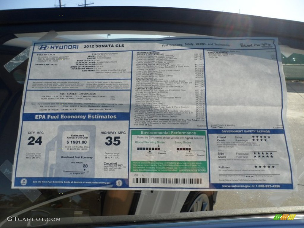 2012 Hyundai Sonata GLS Window Sticker Photo #57170183