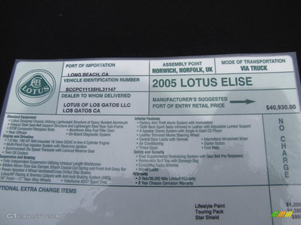 2005 Lotus Elise Standard Elise Model Window Sticker Photo #57185595