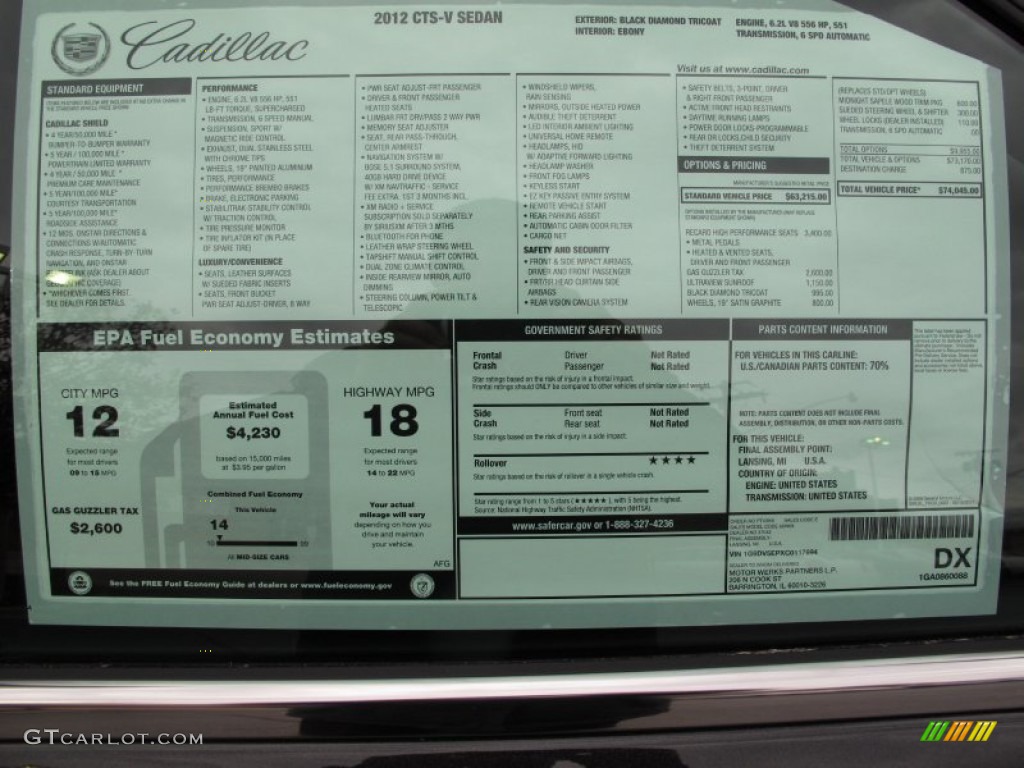 2012 Cadillac CTS -V Sedan Window Sticker Photo #57197575