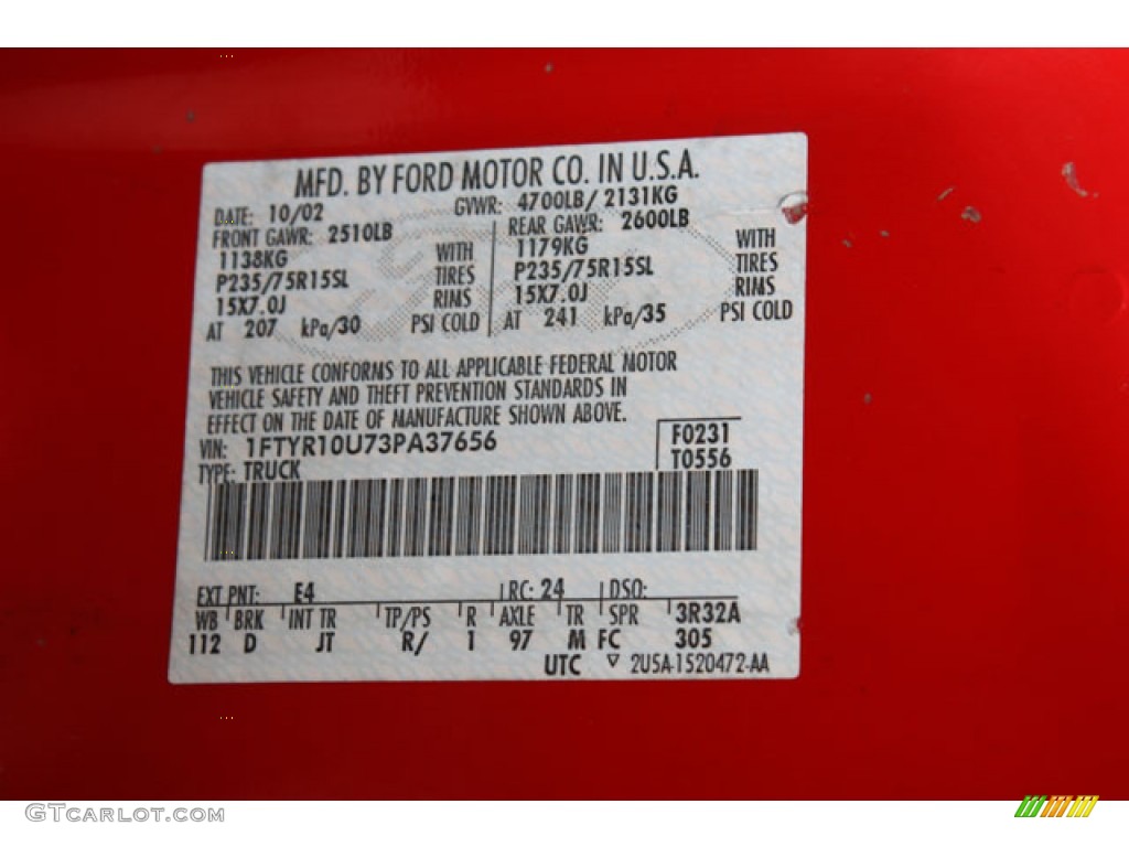2003 Ranger Color Code E4 for Bright Red Photo #57198197